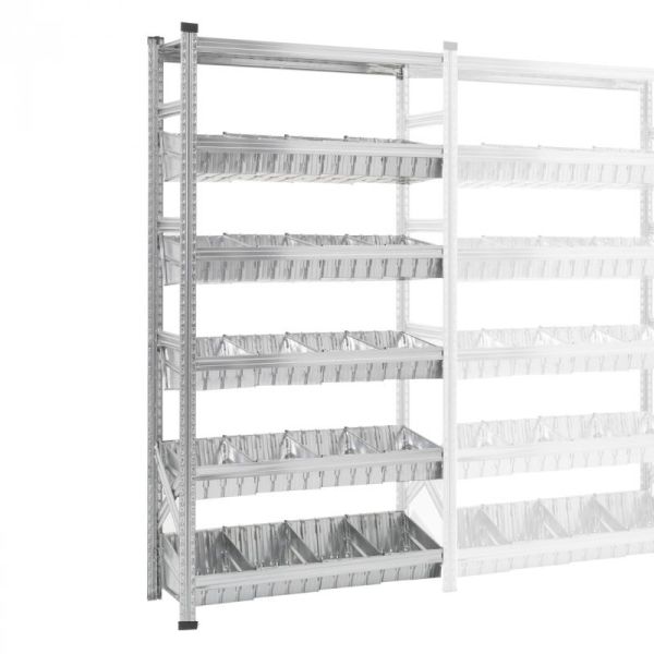 Aanbouwrek Bakkenrek waarvan 1 toplegbord en 5 niveaus met modulaire bakken en tussenschotten