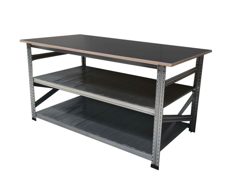 Werktafel type123 H907xD900xL1400 met betonplex werkblad H21 mm plus 2 legborden