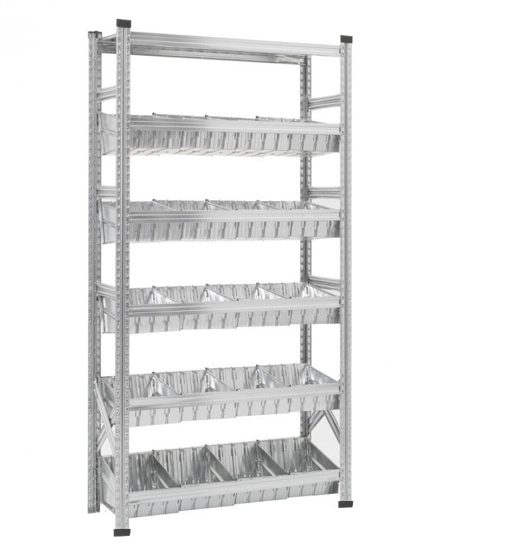 Bakkenrek waarvan 1 toplegbord en 5 niveaus met modulaire bakken en tussenschotten