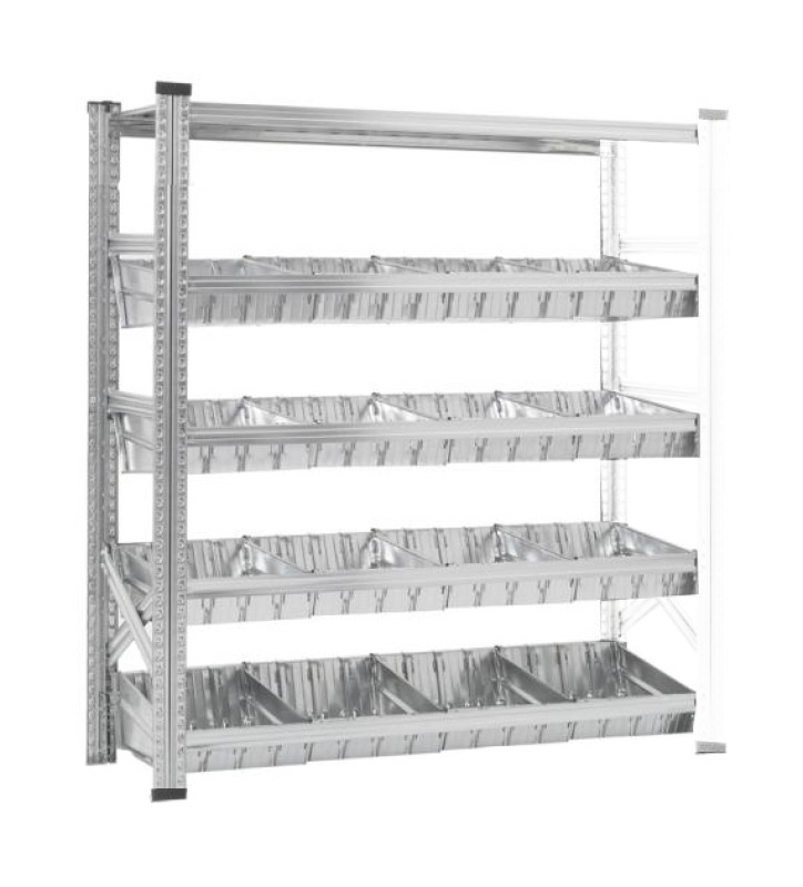 Bakkenrek waarvan 1 toplegbord en 4 niveaus met modulaire bakken en tussenschotten.