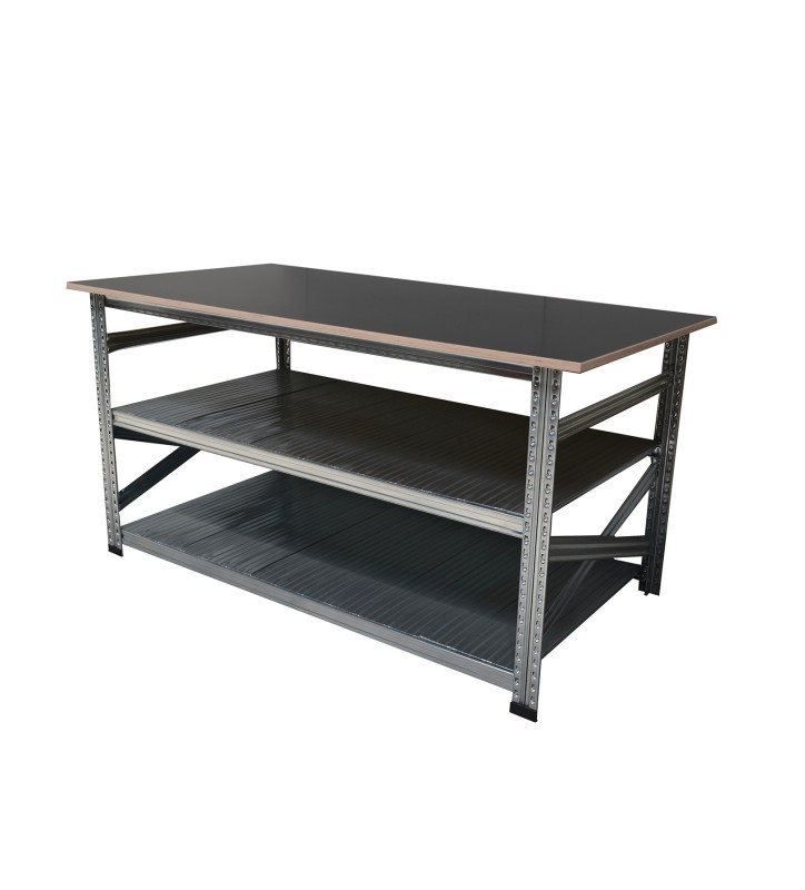 Werktafel type123 H907xD900xL2050 met betonplex werkblad H21 mm plus 2 legborden